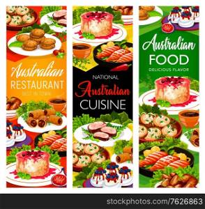 Australian cuisine food dishes, restaurant menu, Australia traditional meals, vector. Australian buffet veal meat, lamb in puff pastry, crumpled rosemary potatoes, rice pudding dessert and sandwiches. Australian cuisine food dishes, restaurant menu