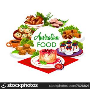 Australian cuisine food, lunch, dinner meals menu, rinks and snacks, vector buffet. Australian veal meat, lamb in puff pastry, barbecue chicken wings, Pavlova cakes and Anzac cookies. Australian cuisine food, lunch, dinner meals menu