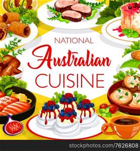 Australian cuisine food menu chicken and fish dish, Australia traditional meals, vector. Australian chicken, fish and drinks buffet of Pavlova pastry, veal meat and crumpled rosemary potatoes. Australian cuisine food menu chicken and fish dish