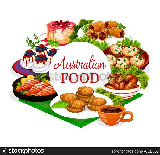 Australian cuisine food menu, meat and fish dishes, Australia restaurant traditional meals, vector. Australian veal meat, lamb in puff pastry, crumpled rosemary potatoes and Pavlova cakes dessert. Australian cuisine food menu, meat and fish dishes