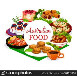 Australian cuisine food menu, meat and fish dishes, Australia restaurant traditional meals, vector. Australian veal meat, lamb in puff pastry, crumpled rosemary potatoes and Pavlova cakes dessert. Australian cuisine food menu, meat and fish dishes