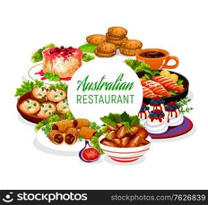 Australian cuisine food, restaurant menu dishes, Australia traditional meals, vector. Australian veal meat, lamb in puff pastry, crumpled rosemary potatoes and rice pudding with Pavlova cakes. Australian cuisine restaurant menu, food dishes