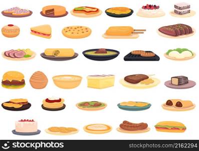 Australian cuisine icons set cartoon vector. Cake breakfast. Dish fish. Australian cuisine icons set cartoon vector. Cake breakfast