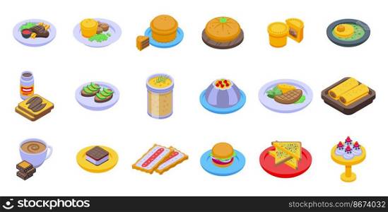 Australian cuisine icons set isometric vector. Cake dish. Breakfast apple. Australian cuisine icons set isometric vector. Cake dish