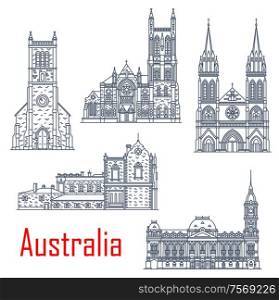Australian isolated vector landmarks. Vector St. Peter Cathedral, Melbourne town hall, Old Parliament Adelaide, St. Francis Xavier Cathedral. Holy Trinity church Adelaide. Australian landmark churches and cathedrals
