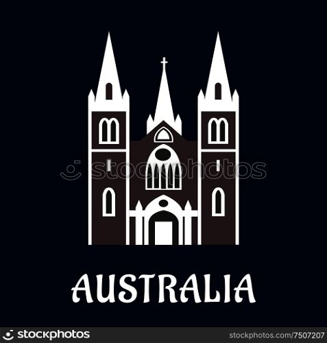 Australian landmark concept in flat style with anglican cathedral church in gothic style with arched windows and high spires. Australian cathedral church flat icon