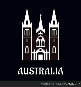 Australian landmark concept in flat style with anglican cathedral church in gothic style with arched windows and high spires. Australian cathedral church flat icon