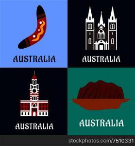 Australian nature and architecture landmarks, culture, history and religion symbols. Flat icons for travel concept or tourism industry design. Australian ladscape and architecture flat icons