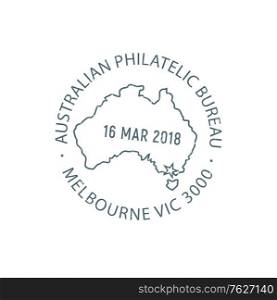 Australian philatelic bureau isolated melbourne post stamp template. Vector national postal administration selling philatelic items to stamp collectors, Melbourne postal round sign, map and date. Post stamp of Australia philatelic bureau isolated