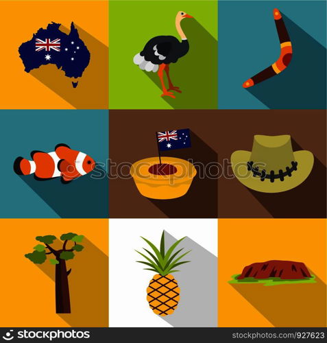 Australian symbols icon set. Flat style set of 9 australian symbols vector icons for web design. Australian symbols icon set, flat style