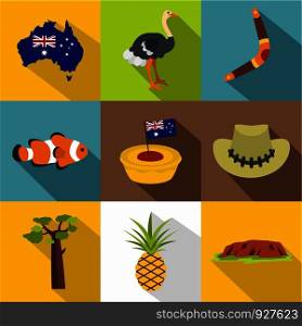 Australian symbols icon set. Flat style set of 9 australian symbols vector icons for web design. Australian symbols icon set, flat style