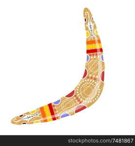 Australian wooden boomerang. Cartoon boomerang on a white background. Vector illustration of colored boomerang Tribal lizard. Stock vector