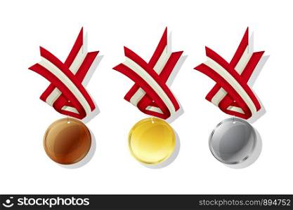 Austria medals in gold, silver and bronze with national flag. Isolated vector objects over white background
