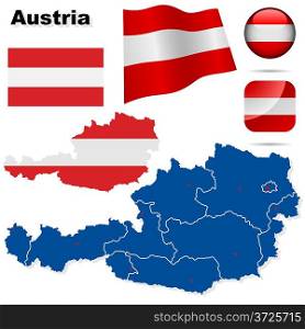 Austria vector set. Detailed country shape with region borders, flags and icons isolated on white background.