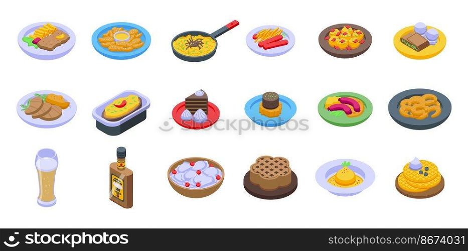Austrian cuisine icons set isometric vector. Strudel bakery. Cafe plate. Austrian cuisine icons set isometric vector. Strudel bakery