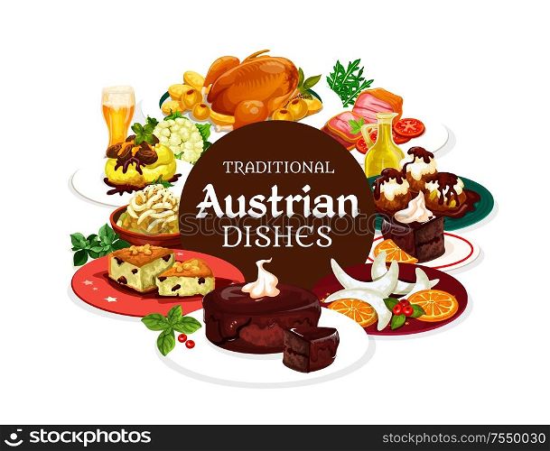 Austrian traditional dishes, vector banner of national food. Vector main courses and desserts, beer and Christmas goose. Potato pasta with cabbage, chocolate cake sacher, cheese knodel. National austrian food, desserts, drinks