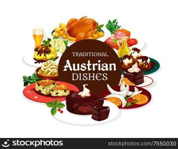 Austrian traditional dishes, vector banner of national food. Vector main courses and desserts, beer and Christmas goose. Potato pasta with cabbage, chocolate cake sacher, cheese knodel. National austrian food, desserts, drinks