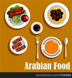 Authentic arabian cuisine dishes icon with flat symbols of kebab, served with spicy tomato sauce, creamy pea soup, mashed potato, topped with chickpea falafels and gravy, cup of coffee and halva with nuts. Arabian dishes with kebab, falafels, halva icon
