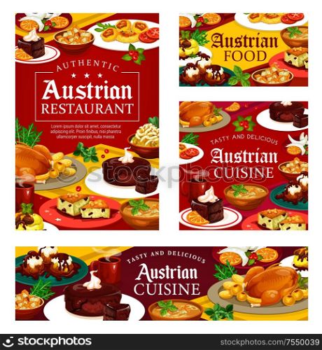 Authentic austrian cuisine food, restaurant or cafe menu. Vector cuisine of Austria, national main course meals and desserts. Tyrolean beef stew goulash and chocolate cake sacher, baked goose on plate. National food of Austria, desserts and course meal