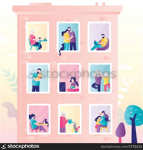 Authentic city building. Various families in windows. People stay at home. Urban view, weekend day concept banner. Different people in trendy style. Flat Vector illustration. Authentic city building. Various families in windows. People stay at home. Urban view, weekend day concept banner.
