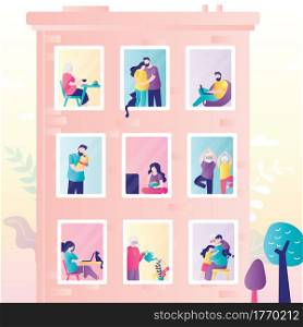 Authentic city building. Various families in windows. People stay at home. Urban view, weekend day concept banner. Different people in trendy style. Flat Vector illustration. Authentic city building. Various families in windows. People stay at home. Urban view, weekend day concept banner.