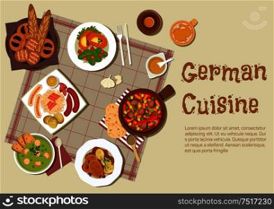 Authentic german cuisine flat icon with mixed grilled sausages platter, served with sauerkraut, pork stew, pea soup, pot roast, sandwiches with fresh vegetable salad, beer and basket of traditional bread rolls and pretzels. Authentic german meat dishes flat icon