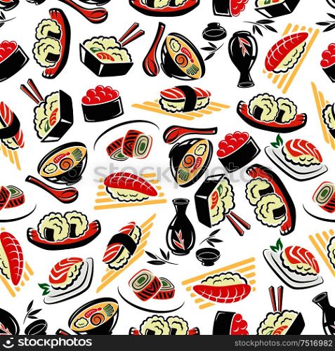 Authentic japanese cuisine seamless pattern on white background with seafood rice, sushi rolls with avocado and red caviar, tuna and salmon nigiri sushi, noodle soup and sake. Restaurant menu flyleaf, healthy food, asian culture theme design. Seamless pattern of traditional japanese cuisine