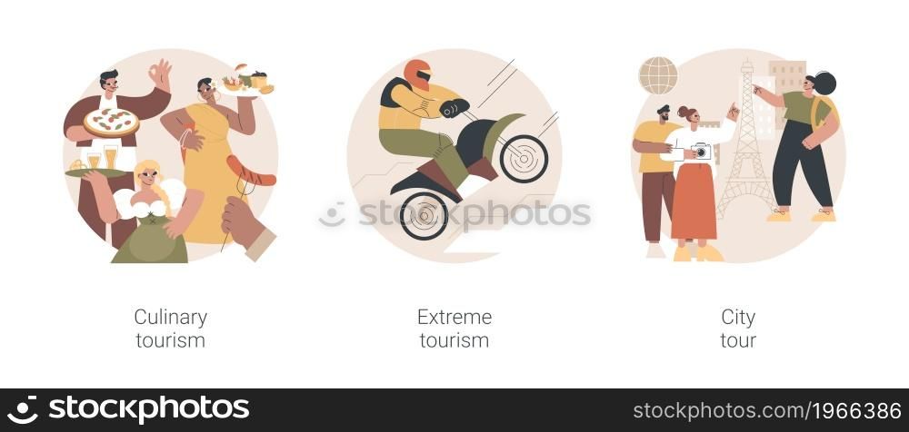 Authentic travel experience abstract concept vector illustration set. Culinary tourism, extreme sports, city tour, local cuisine, food festival, climbing mountains, sightseeing abstract metaphor.. Authentic travel experience abstract concept vector illustrations.