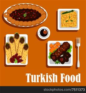 Authentic turkish cuisine food with kebab filled with chilli peppers and herbs, served with potato and coffee, pilaf with orzo, shawarma durum with meat and tomatoes, pide pie with spinach and meat. Turkish cuisine with kebab and shawarma