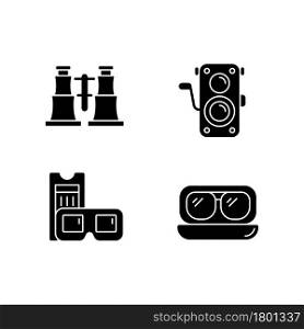 Authentic vintage black glyph icons set on white space. Collectible binoculars. Old photo camera. Retro movie theater. Aviator sunglasses. Silhouette symbols. Vector isolated illustration. Authentic vintage black glyph icons set on white space
