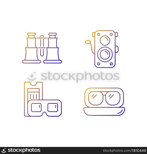 Authentic vintage gradient linear vector icons set. Collectible binoculars. Old photo camera. Retro movie theater. Thin line contour symbols bundle. Isolated outline illustrations collection. Authentic vintage gradient linear vector icons set