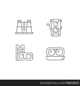 Authentic vintage linear icons set. Collectible binoculars. Old photo camera. Retro movie theater. Customizable thin line contour symbols. Isolated vector outline illustrations. Editable stroke. Authentic vintage linear icons set