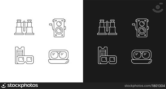 Authentic vintage linear icons set for dark and light mode. Collectible binoculars. Old photo camera. Customizable thin line symbols. Isolated vector outline illustrations. Editable stroke. Authentic vintage linear icons set for dark and light mode
