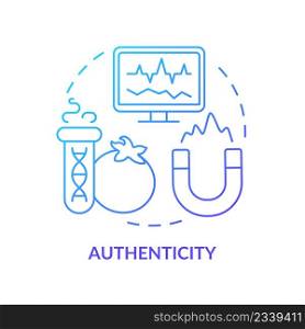 Authenticity blue gradient concept icon. Food testing service abstract idea thin line illustration. Authentic product. Increasing consumer trust. Isolated outline drawing. Myriad Pro-Bold font used. Authenticity blue gradient concept icon