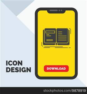 Author, book, open, story, storytelling Glyph Icon in Mobile for Download Page. Yellow Background. Vector EPS10 Abstract Template background