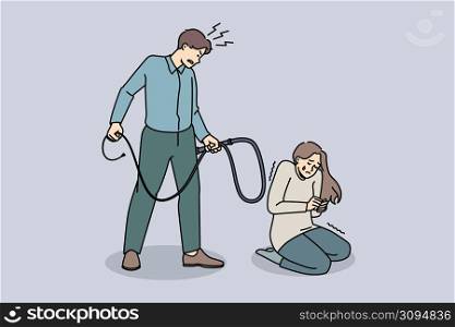 Authoritarian man punish scared unhappy wife crying suffering from domestic abuse. Husband tyrant threaten stressed upset woman. Violence and psychological pressure. Vector illustration. . Aggressive husband threaten beat crying wife