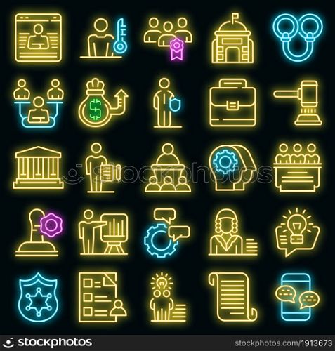 Authority icons set. Outline set of authority vector icons neon color on black. Authority icons set vector neon