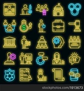 Authority icons set. Outline set of authority vector icons neon color on black. Authority icons set vector neon