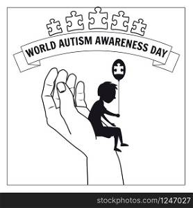 Autism, a small lonely boy sits on the hand of an adult, against a background of puzzles, vector, illustration. Autism, a small lonely boy sits on the hand of an adult, against a background of puzzles, vector, illustration, isolated