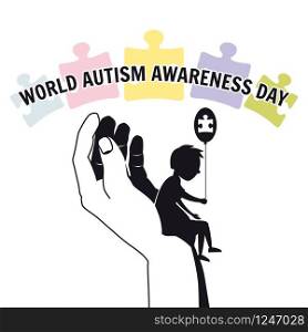 Autism, a small lonely boy sits on the hand of an adult, against a background of puzzles, vector, illustration. Autism, a small lonely boy sits on the hand of an adult, against a background of puzzles, vector, illustration, isolated