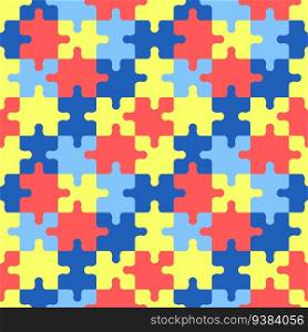 Autism puzzles pattern. Seamless background with colorful yellow, blue and red puzzle pieces. World Autism Awareness Day April 2. Vector illustration.. Autism puzzles pattern. Seamless background with colorful yellow, blue and red puzzle pieces. World Autism Awareness Day April 2. Vector illustration