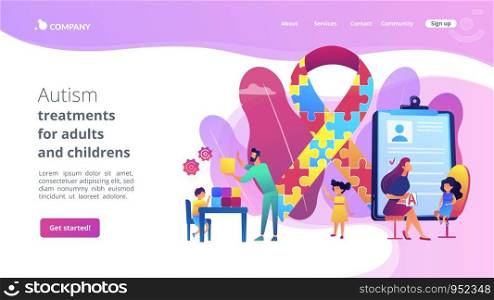 Autism spectrum disorder. Child development. Autism therapy, autism treatments for adults and childrens, applied behavior analysis concept. Website homepage landing web page template.. Autism therapy concept landing page