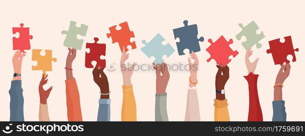 Autism syndrome concept. Group of raised arms of diverse people holding a jigsaw piece. Learning support and education. Neurological Disease. Mind and brain. Sharing. Conceptual