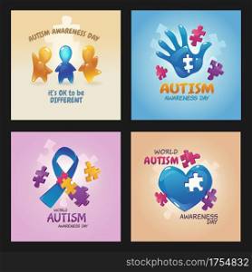 Autism world awareness day posters with puzzle pieces, open palm with hole, blue ribbon, kids figures waving hands and heart, it&rsquo;s ok to be different, children support, cartoon vector illustration. Autism world awareness day posters with puzzle