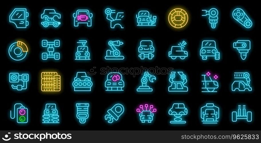 Auto assembly icons set outline vector. Robot factory. Car industry neon color on black. Auto assembly icons set vector neon