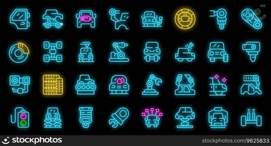 Auto assembly icons set outline vector. Robot factory. Car industry neon color on black. Auto assembly icons set vector neon