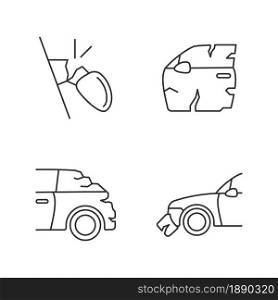 Auto body damage linear icons set. Broken view mirror. Scratches in vehicle exterior. Rear-end collision. Customizable thin line contour symbols. Isolated vector outline illustrations. Editable stroke. Auto body damage linear icons set