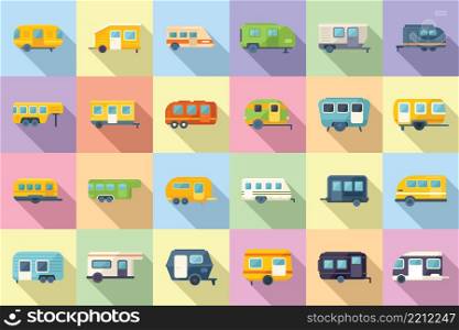 Auto camping icons set flat vector. Home motor. Motorhome trailer. Auto camping icons set flat vector. Home motor