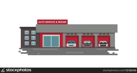 Auto car service and repair center or garage with cars isolated on white.vector illustration.