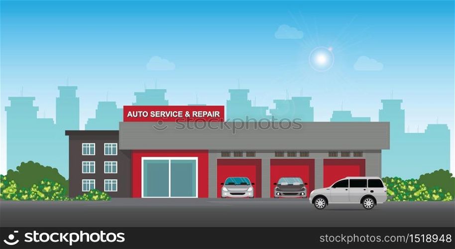 Auto car service and repair center or garage with cars, landscape exterior building car service station vector illustration.